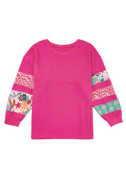 Rose Red Leopard Patchwork Sleeve Split Plus Sweatshirt