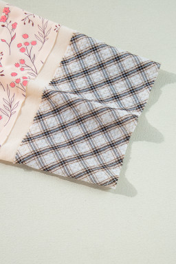 Beige Plaid Floral Patchwork Heart Long Sleeve Top