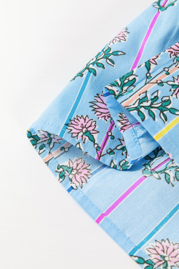 Sky Blue Floral Striped Smocked V Neck Blouse