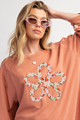Grapefruit Orange Flower Exposed Seam Patchwork Loose Top