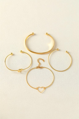 Gold Heart Geometric Knot Open Cuff Bracelet 4-piece Set