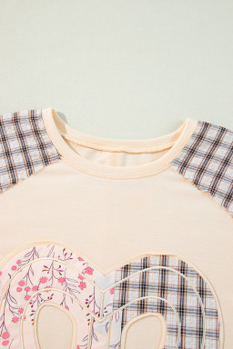 Beige Plaid Floral Patchwork Heart Long Sleeve Top