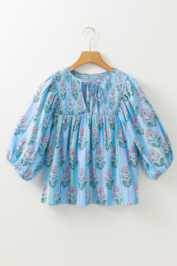 Sky Blue Floral Striped Smocked V Neck Blouse