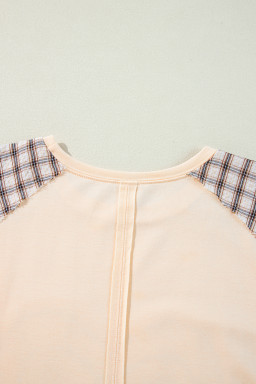 Beige Plaid Floral Patchwork Heart Long Sleeve Top