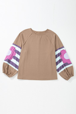 Light French Beige Flower Striped Patchwork Sleeve Plus Size Sweatshirt