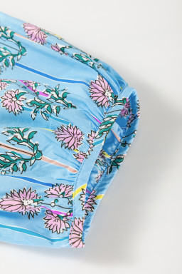 Sky Blue Floral Striped Smocked V Neck Blouse