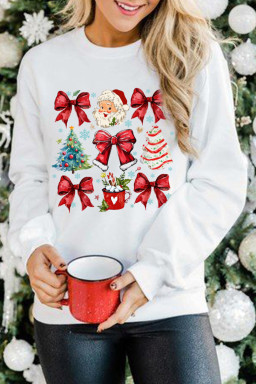 Beige Christmas Tree Bowknot Santa Clause Graphic Sweatshirt