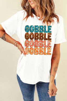 White GOBBLE Heat Transfer Printing Graphic Crewneck T Shirt