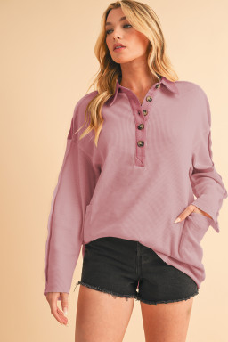 Pink Waffle Patchwork Drop Sleeve Henley Top
