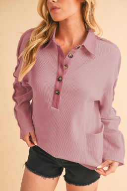 Pink Waffle Patchwork Drop Sleeve Henley Top