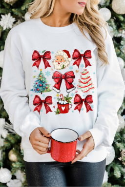 Beige Christmas Tree Bowknot Santa Clause Graphic Sweatshirt