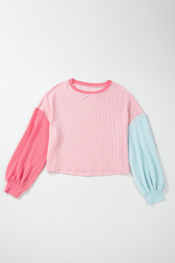 Pink Corded Colorblock Patchwork Long Sleeve Top