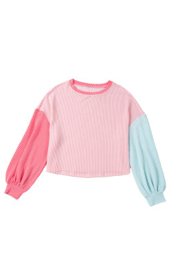 Pink Corded Colorblock Patchwork Long Sleeve Top