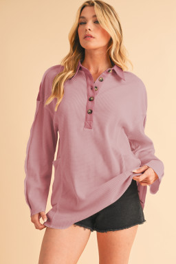 Pink Waffle Patchwork Drop Sleeve Henley Top