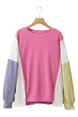 Sachet Pink Waffle Patchwork Striped Sleeve Top