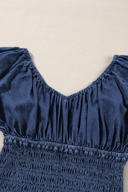 Dark Blue Smocked Ruffle Puff Sleeve V Neck Denim Top