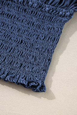 Dark Blue Smocked Ruffle Puff Sleeve V Neck Denim Top