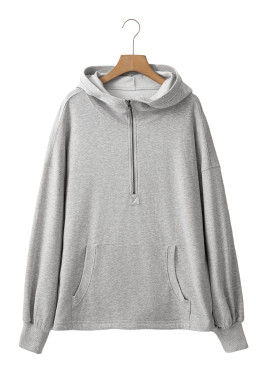 Light Grey Kangaroo Pocket Half Zipper Oversized Hoodie