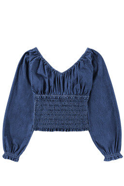 Dark Blue Smocked Ruffle Puff Sleeve V Neck Denim Top