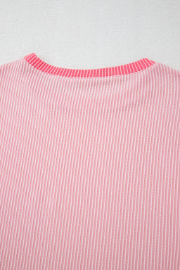 Pink Corded Colorblock Patchwork Long Sleeve Top