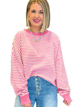 Pink Stripe Loose Drop Shoulder Long Sleeve Top