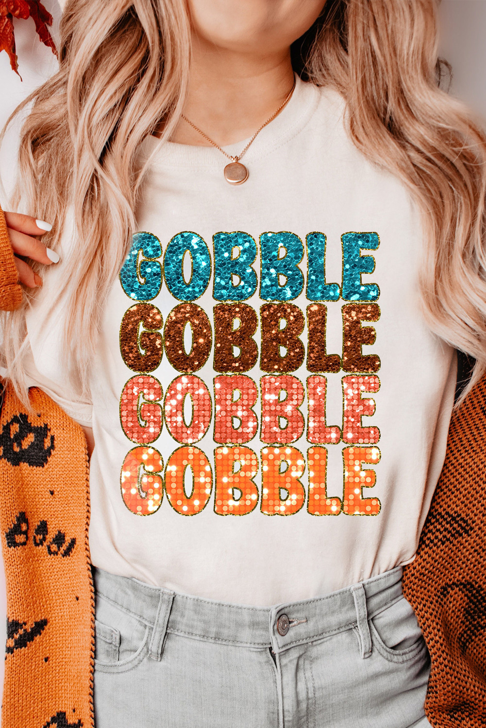 White GOBBLE Heat Transfer Printing Graphic Crewneck T Shirt