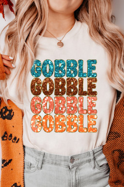 White GOBBLE Heat Transfer Printing Graphic Crewneck T Shirt
