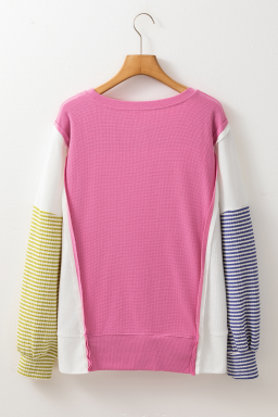 Sachet Pink Waffle Patchwork Striped Sleeve Top