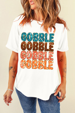 White GOBBLE Heat Transfer Printing Graphic Crewneck T Shirt