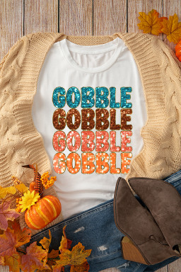 White GOBBLE Heat Transfer Printing Graphic Crewneck T Shirt
