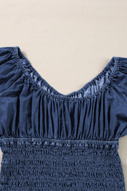 Dark Blue Smocked Ruffle Puff Sleeve V Neck Denim Top