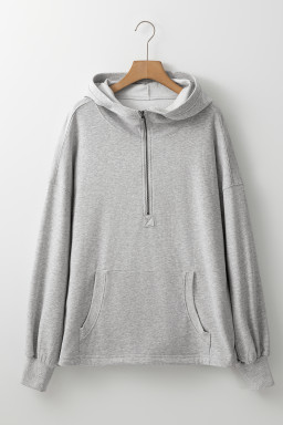 Light Grey Kangaroo Pocket Half Zipper Oversized Hoodie
