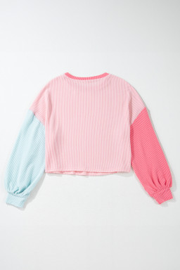 Pink Corded Colorblock Patchwork Long Sleeve Top