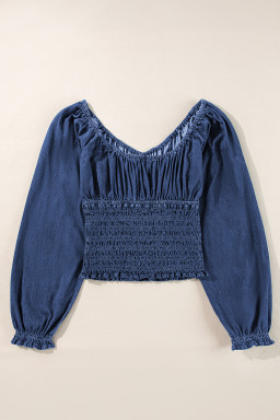 Dark Blue Smocked Ruffle Puff Sleeve V Neck Denim Top
