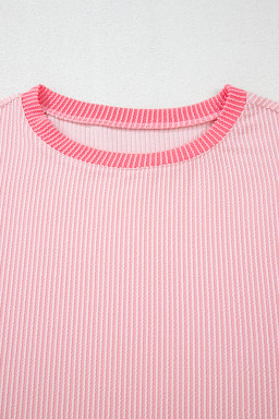 Pink Corded Colorblock Patchwork Long Sleeve Top