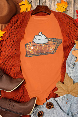Orange Pumpkin Pie Heat Transfer Printing Graphic Cuffed Sleeve Crew Neck Tee