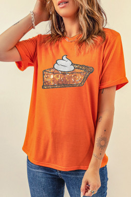 Orange Pumpkin Pie Heat Transfer Printing Graphic Cuffed Sleeve Crew Neck Tee