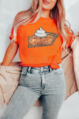Orange Pumpkin Pie Heat Transfer Printing Graphic Cuffed Sleeve Crew Neck Tee