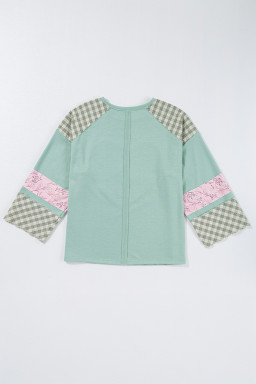 Aqua Plaid Floral Patchwork Heart Long Sleeve Top