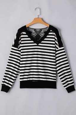 Black Stripe Crochet Hollow-out Back Buttoned Decor V Neck Top