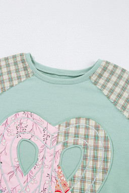 Aqua Plaid Floral Patchwork Heart Long Sleeve Top