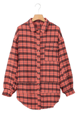 Red Plaid Long Sleeve Distressed Hem Shirt Shacket