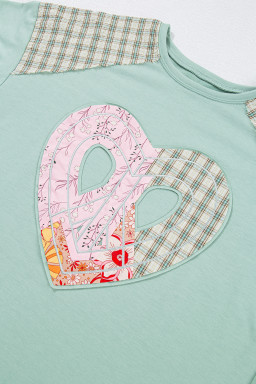 Aqua Plaid Floral Patchwork Heart Long Sleeve Top