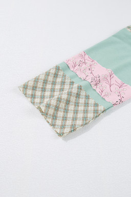 Aqua Plaid Floral Patchwork Heart Long Sleeve Top