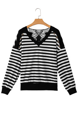 Black Stripe Crochet Hollow-out Back Buttoned Decor V Neck Top