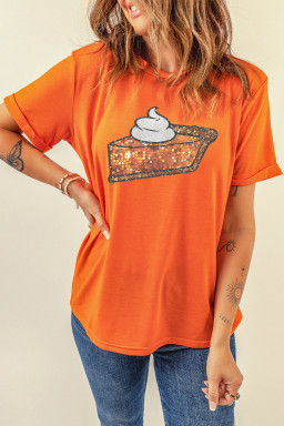 Orange Pumpkin Pie Heat Transfer Printing Graphic Cuffed Sleeve Crew Neck Tee