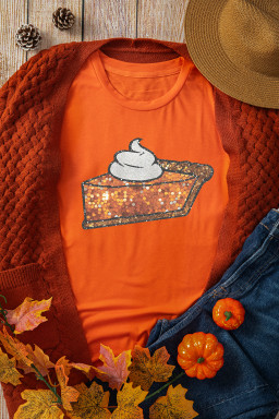 Orange Pumpkin Pie Heat Transfer Printing Graphic Cuffed Sleeve Crew Neck Tee