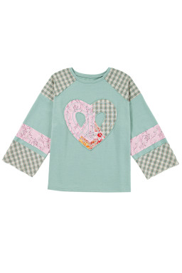 Aqua Plaid Floral Patchwork Heart Long Sleeve Top