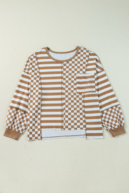 Khaki Striped Checkered Patchwork Ribbed Plus Size Top
