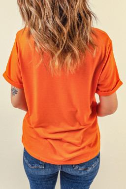 Orange Pumpkin Pie Heat Transfer Printing Graphic Cuffed Sleeve Crew Neck Tee